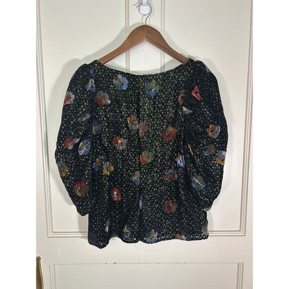 Eva Franco Velvet Floral Metallic Blouse Womens Size 6 Black Green - Picture 3 of 9